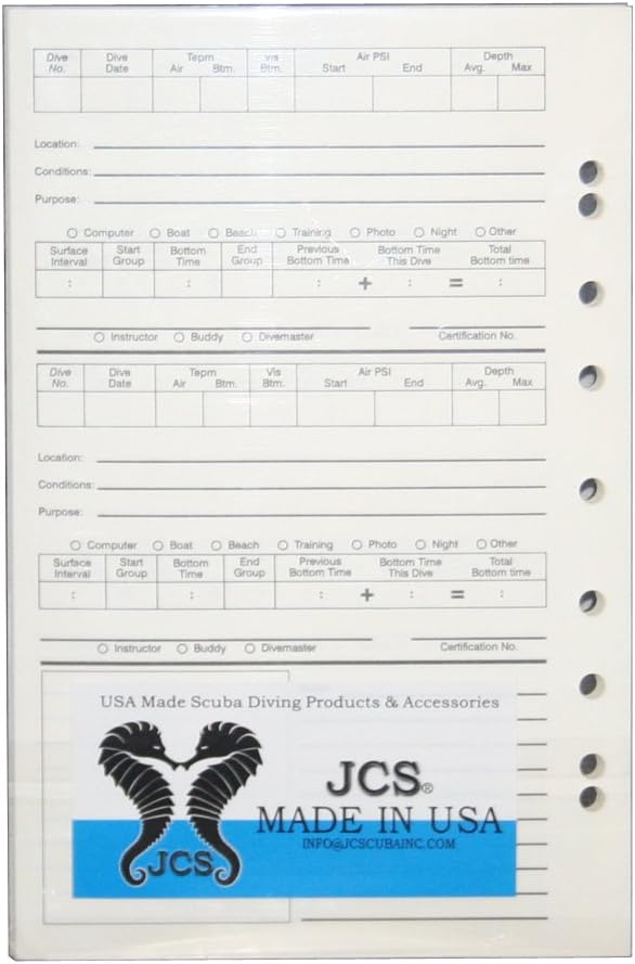 JCS Scuba Diving Log Book Refill Pages Diving Safety