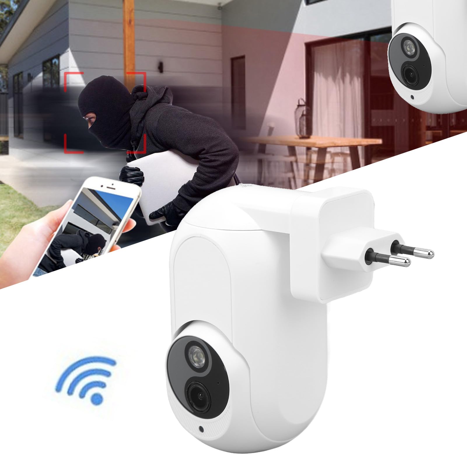 Cámara de Vigilancia, Cámara Enchufable Fuente de Luz Dual Panorámica de 360 ​​Grados 2MP para Escritorio (Enchufe de la UE)