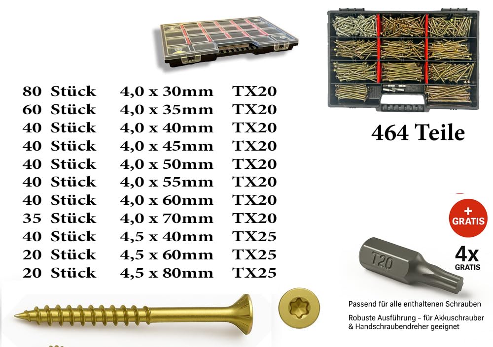 TorqueFix - Juego de tornillos para madera (464 piezas, 4 x 30 a 4,5 x 80 cm, incluye 4 puntas TX y maletín surtido), calidad profesional fabricado en (Sorti-K Midi 4)