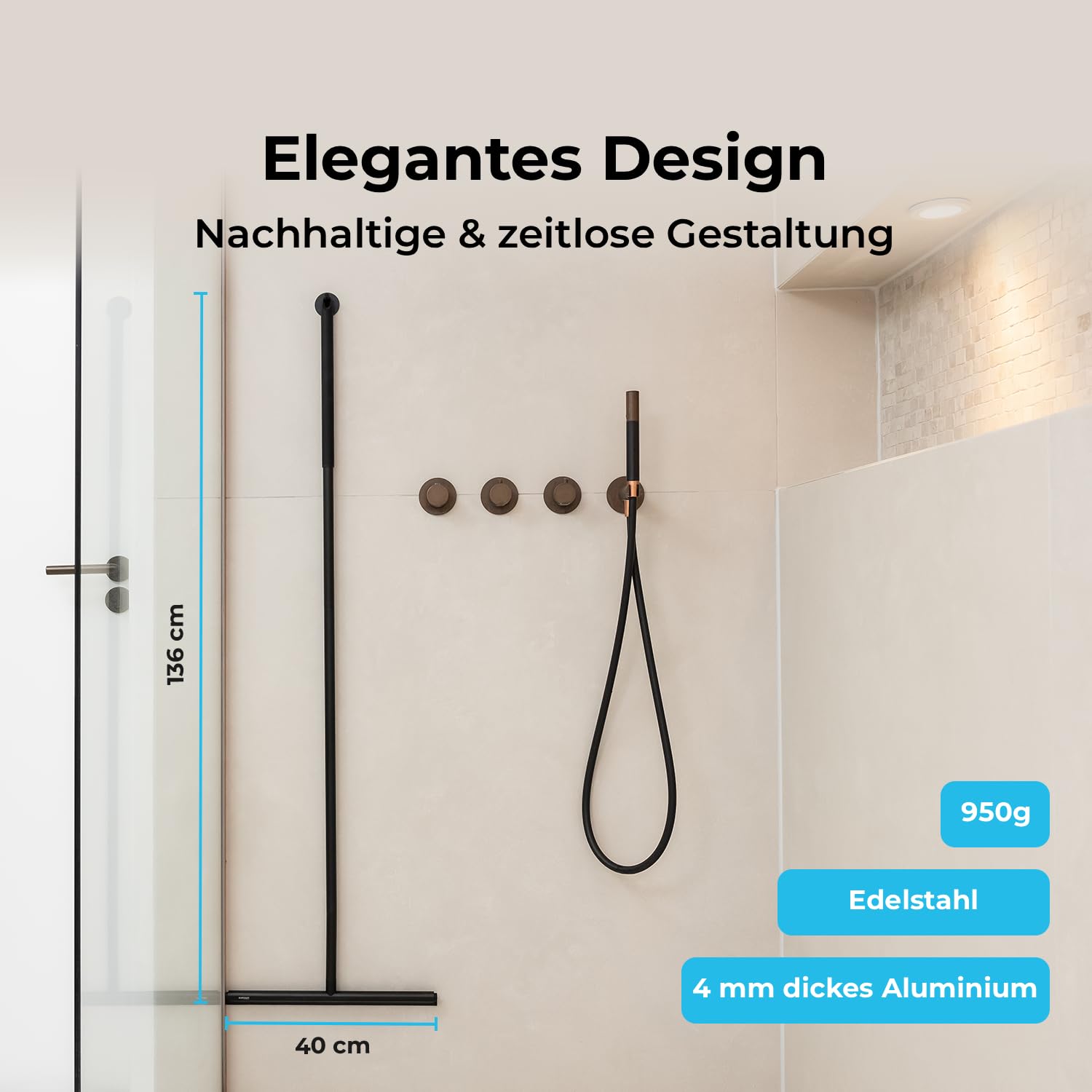 Sanova Bodenabzieher mit Stiel 136 cm – Wasserschieber Boden Schwarz – Duschabzieher Langer Stiel aus Edelstahl Aluminium & Silikon – Mit Wandhalter