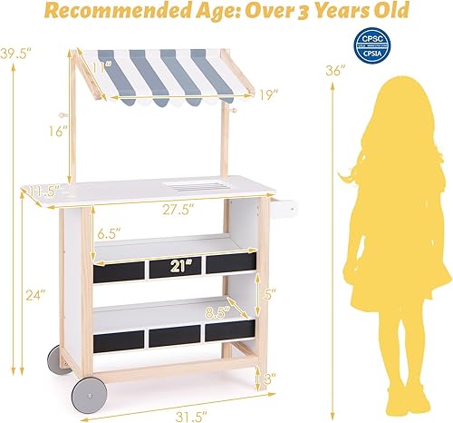 Miniatura 6 de Fireflowery - Tienda de comestibles para niños, carrito de helado de madera con 6 piezas de comida de juego, campana, escala, juego de tienda de