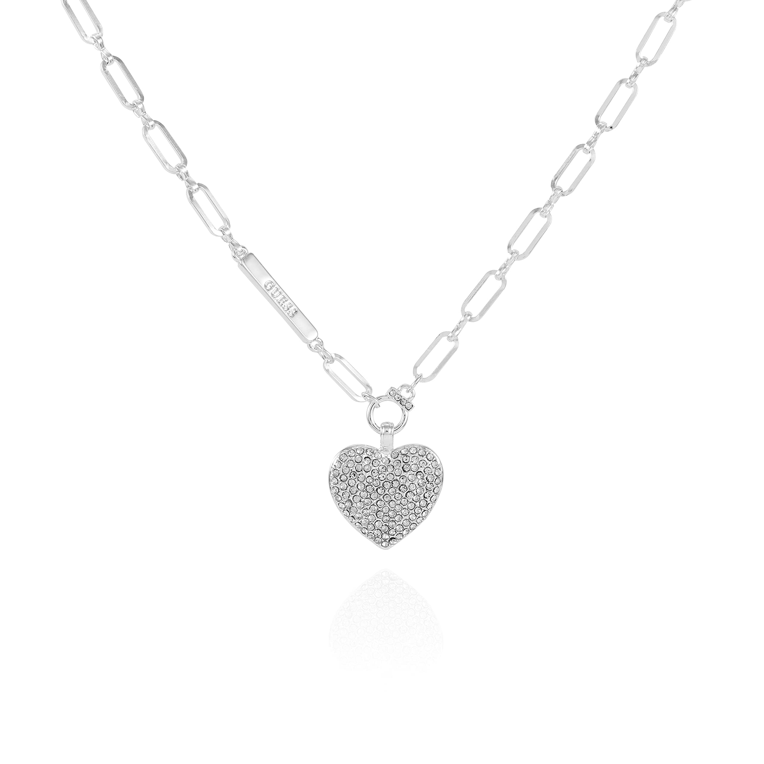 GUESSPave heart pendant on elongated link chain, one size, Metal, No Gemstone