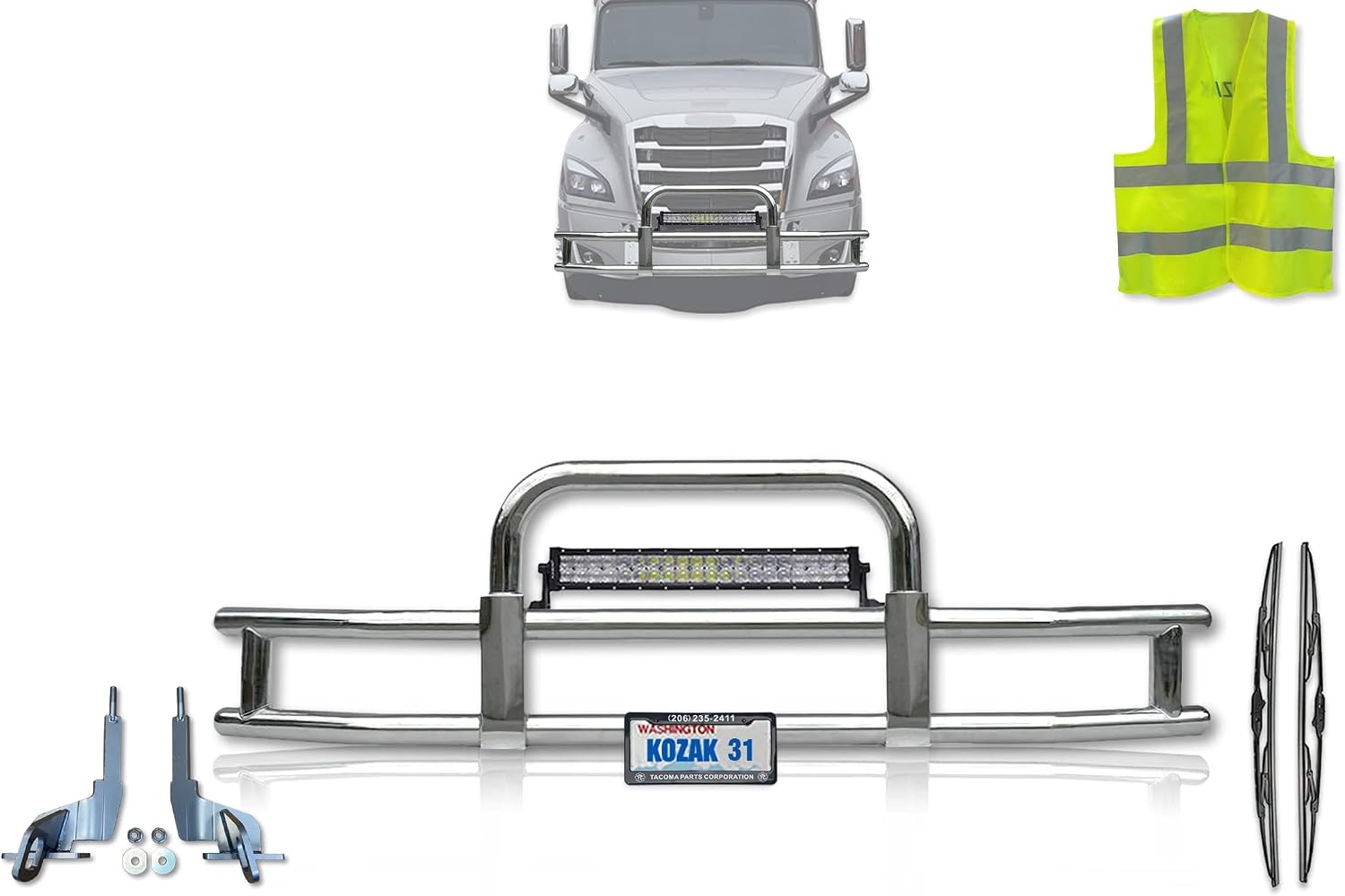 Front Grille Deer Moose Bumper Guard - 22" LED Bar, 2x22'' Compatible with Freightliner Cascadia 2018 Windshield Wipers, License Plate Holder and Frame, Mounting Brackets, Vest Included