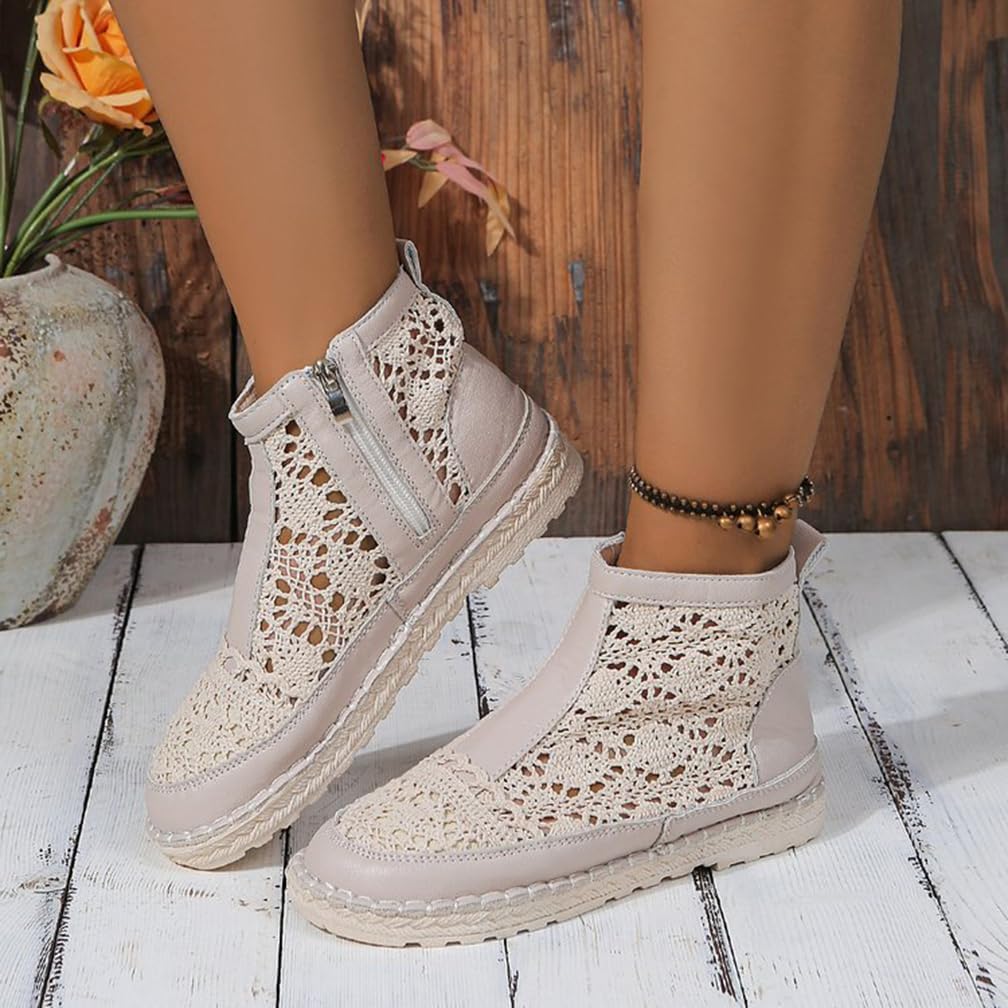 Minetom Femme Été Creux Courtes Bottes Élégant Fermeture Éclair Bottines Boots Mode Respirant Chaussures C Beige 35 EU