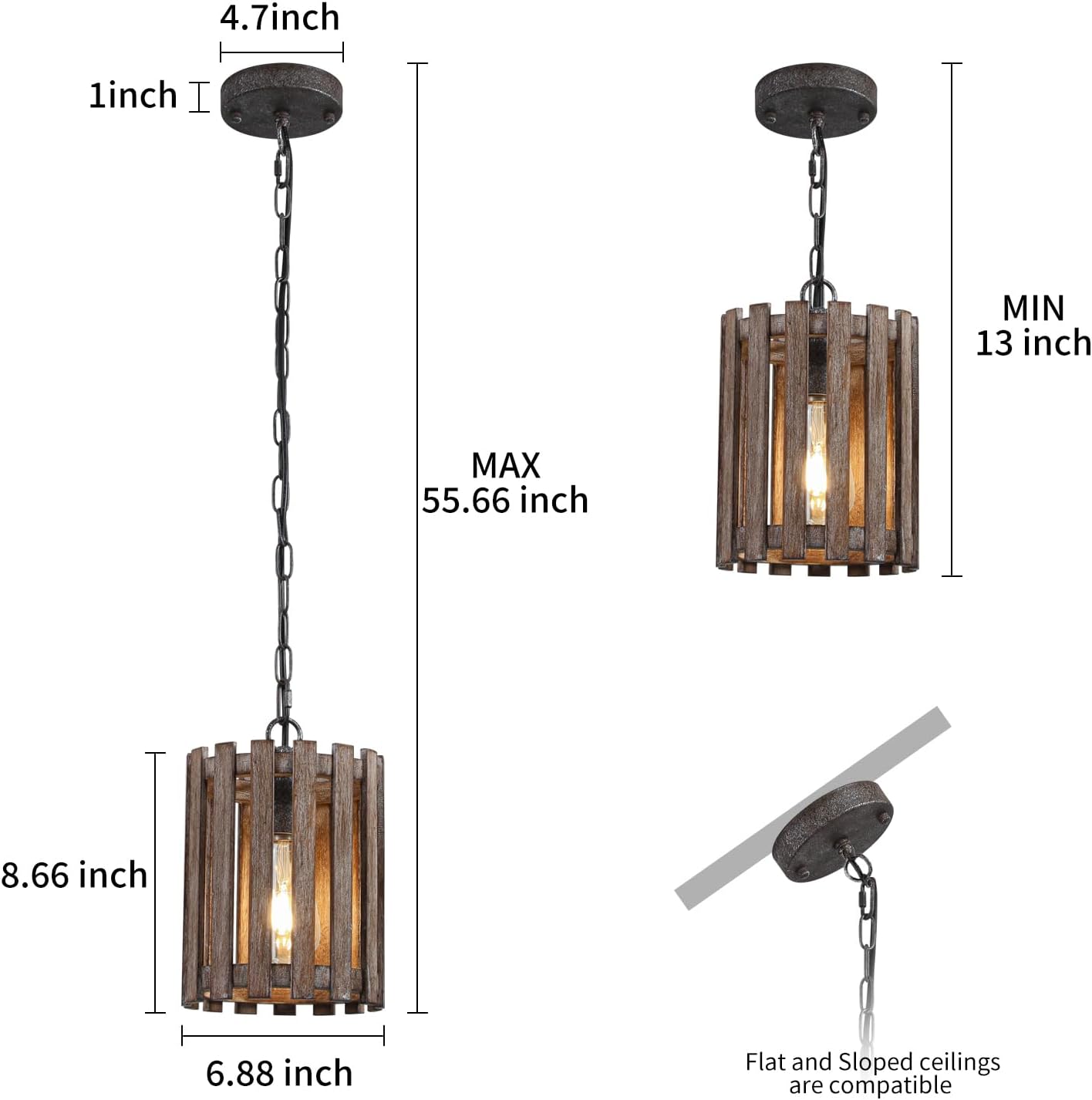 Farmhouse Rustic Pendant Light, 1-Light Round Cage Pendant Lighting Fixture with Adjustable Chain for Kitchen Island Hallway Dining Room Bar, Solid Wood