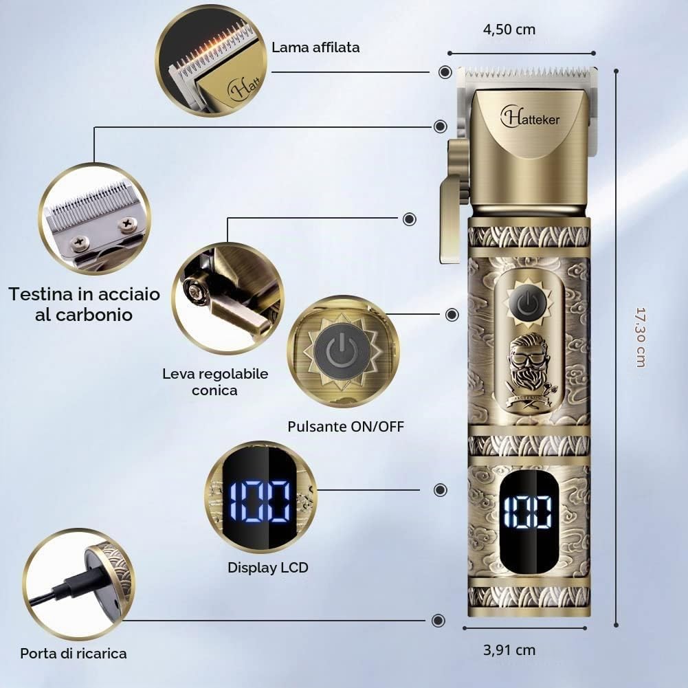 Hatteker Professional Hair Clipper e T-Blade Trimmer Set Per Gli Uomini Cordless Ricaricabile Barber Clipper Beard Nose Hair Trimmer Multipurpose Grooming Kit Display LED (Oro)