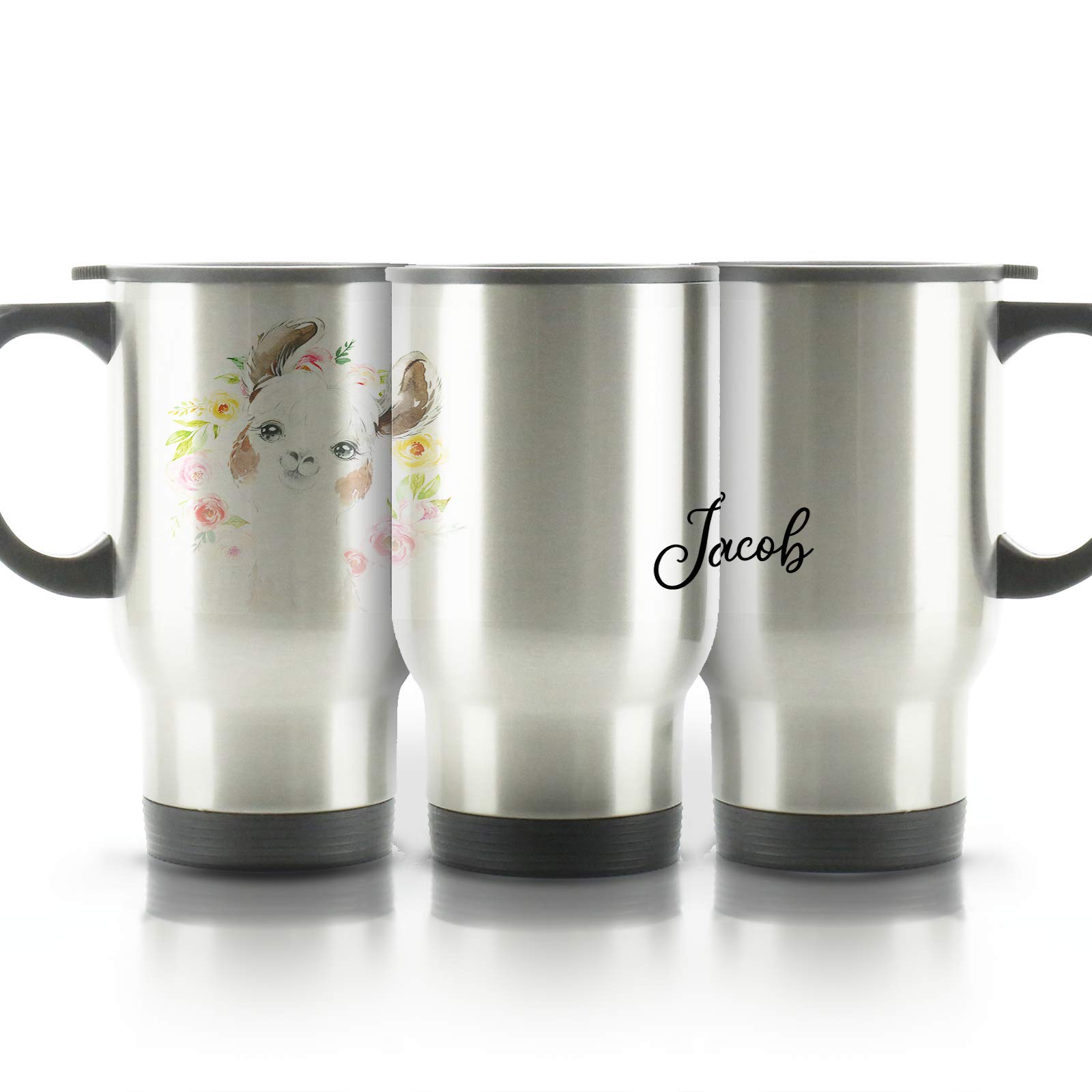 Hairyworm Personalised Travel Mug, 400ml Silver Stainless Steel Travel Mug with Handle, Customised with Initial/Name, Brown and White Alpaca Multicolour Flower Wreath Design Print