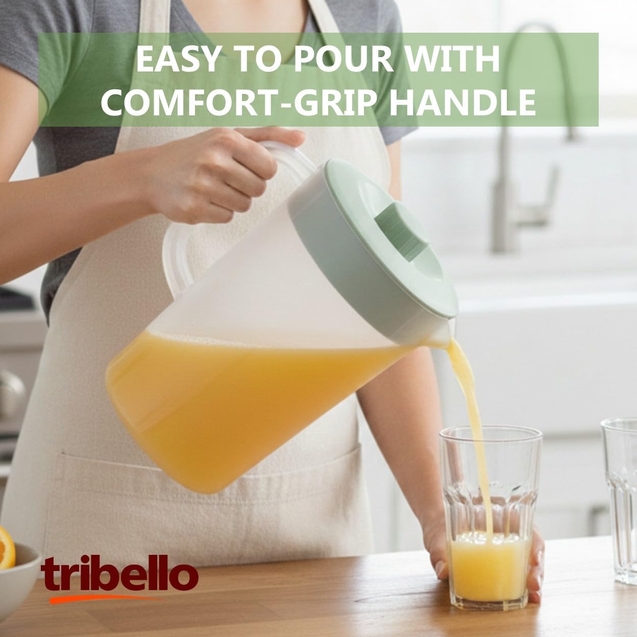 Tribello Water Pitcher with Lid 1 Gallon – Clear Round Plastic Pitcher Ice Tea & Juice Jug – Freezer & Dishwasher Safe, BPA & Phthalate Free – Sage Green - Image 2