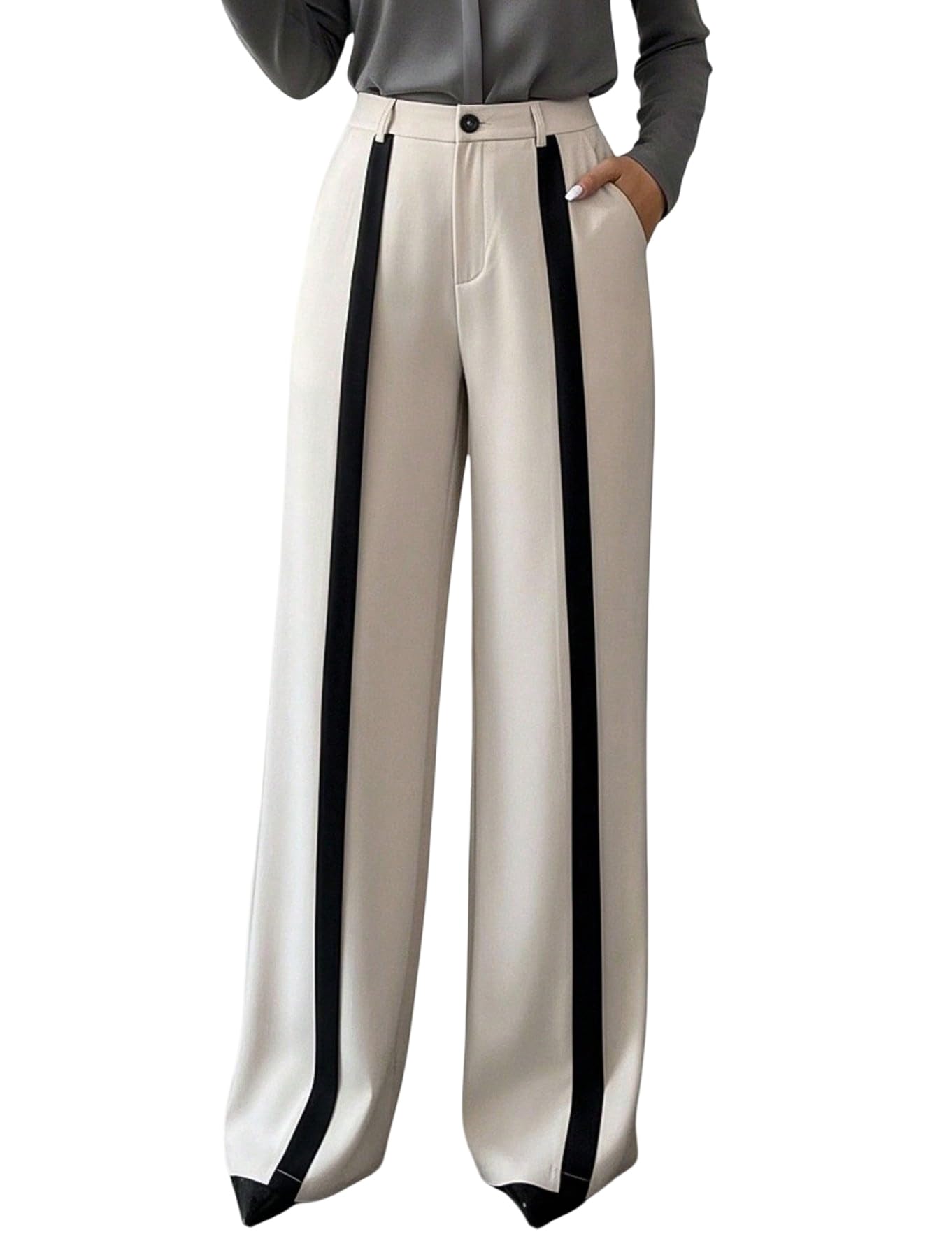 Womens Wide Leg Dress Pants Elegant Color Block High Waisted Work Office Trousers with Pockets