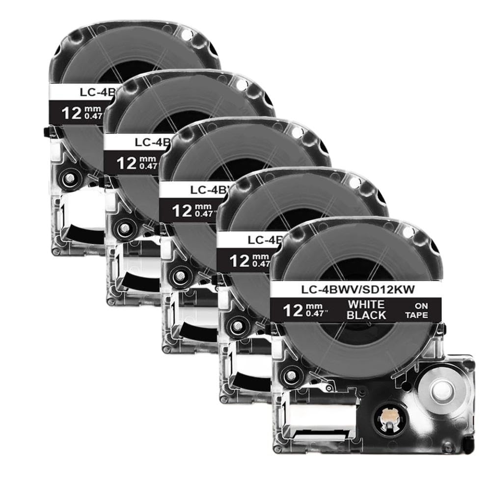 Confezione da 5 o 10 SS12KW LK 4WBN compatibili con nastro per etichette da 12 mm ST12KW SC12RW SC12YW per stampante per etichette LW 300 400 (5PK bianco su nero)