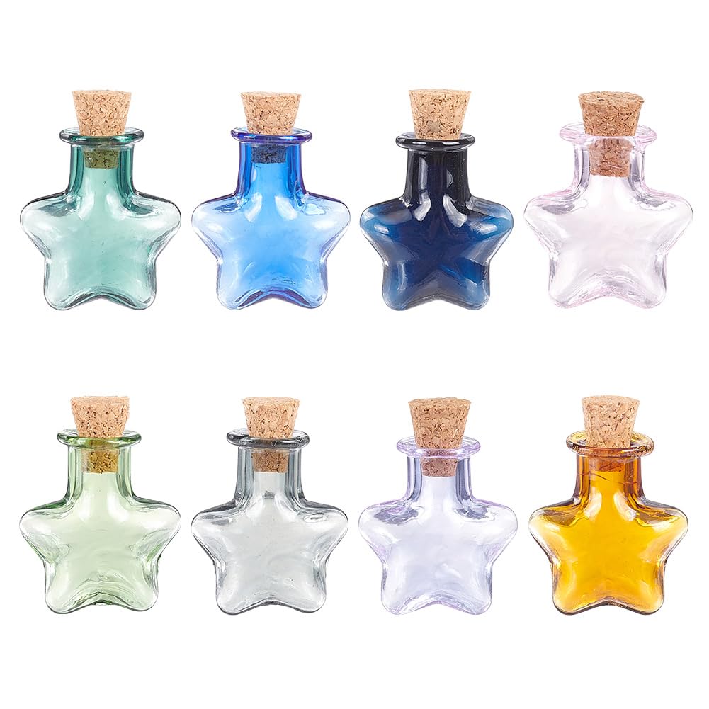 DELORIGIN 8PCS Tiny Wishing Glass Jar Mini Glass Color Bottles Star Cute Bottles with Cork Stopper Star Drifting Bottles for Wedding Birthday Party DIY Crafts Supplies Mix 8 Colors
