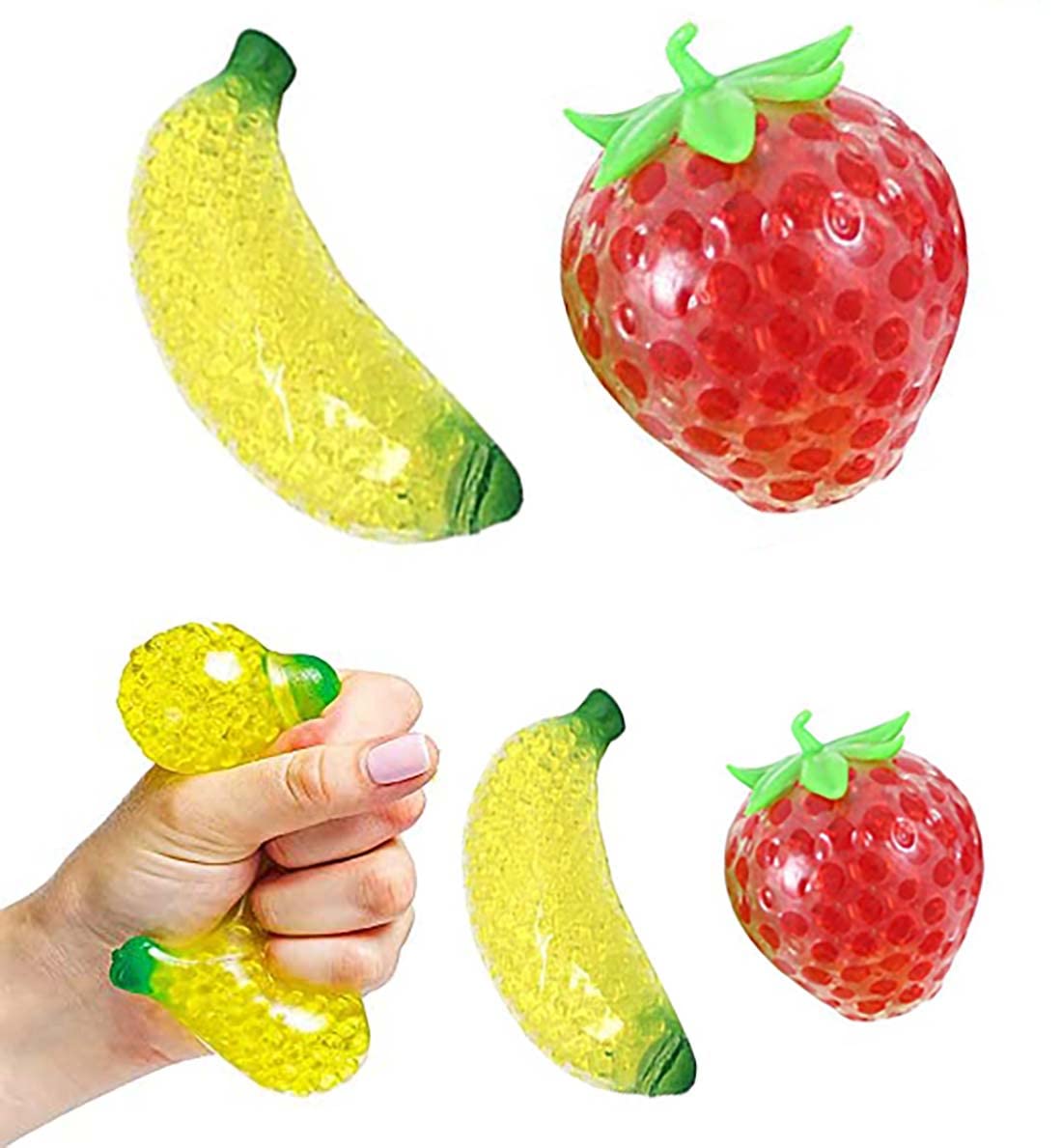 DONGYI 4Pcs Anxiety Squeeze Toy, Artificial Bananas and Strawberry Stress Relief Plaything Fake Banana Ornament Banana Stress Toy Fake Fruit Home Kitchen Decor Stretchy Banana Strawberry