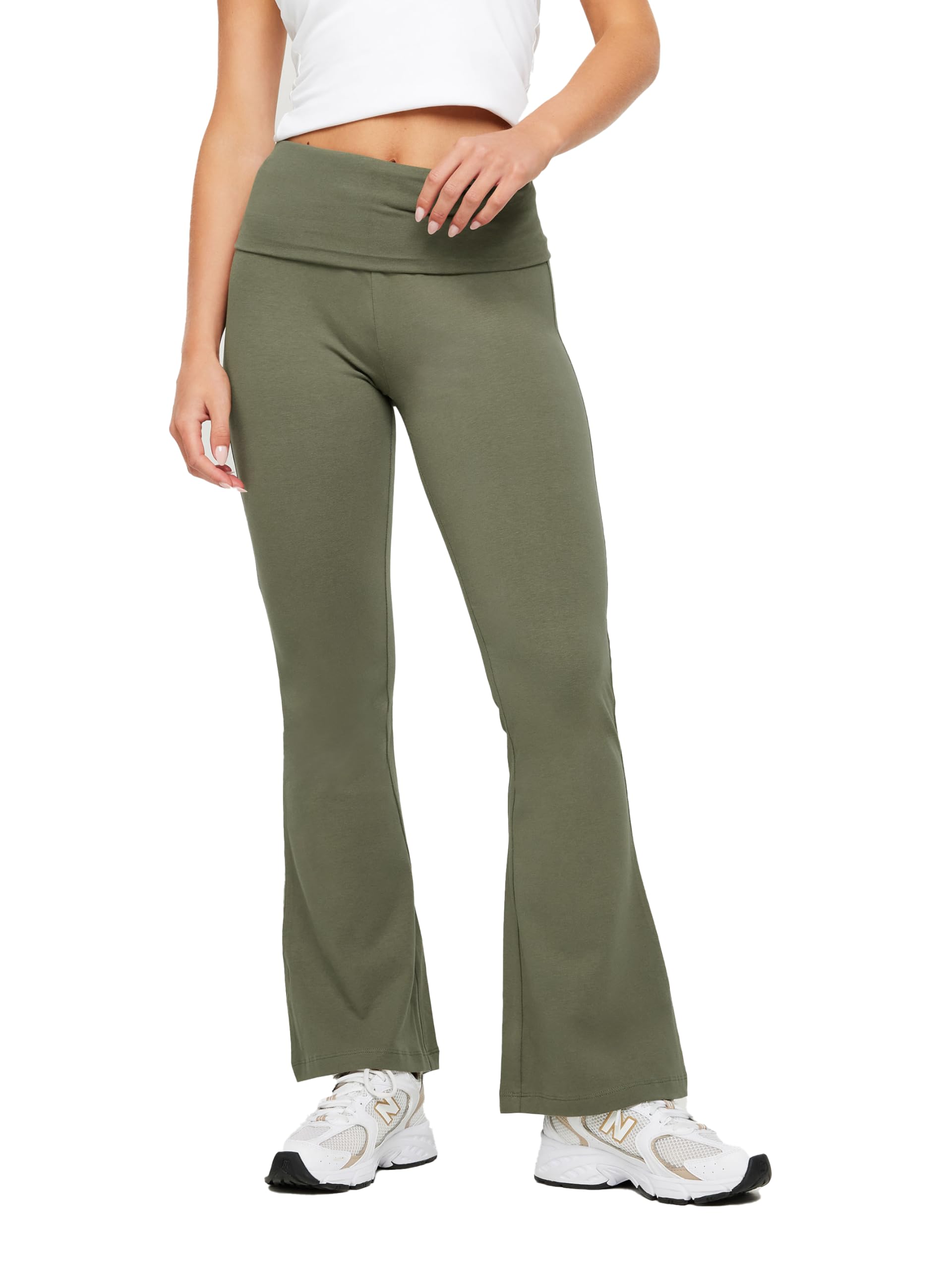 Pixiegirl Women's Green Petite Khaki Fold Over Waist Flared Leggings Petite Size 10