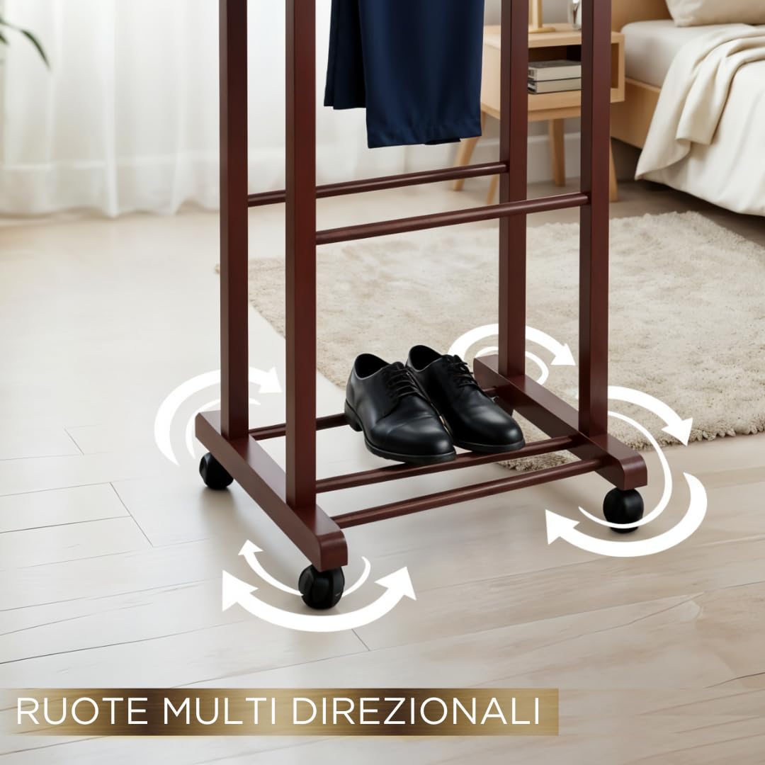 Juego de 2 percheros para dormitorio, color nogal, madera de haya natural, servo mudo doble con 4 ruedas, fabricado en Italia (2 unidades)