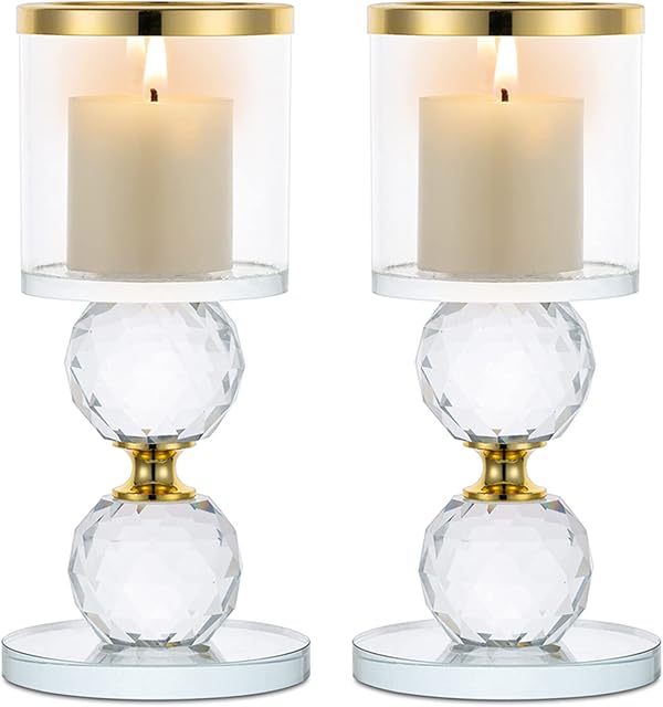Sziqiqi Crystal Clear Pillar Candle Holder Set of 2, Glass Candlestick Holders Tealight Candle Stand Table Top Centerpieces for Living Room Wedding Banquet Mantlepiece Fireplace Decor, Gold Rim