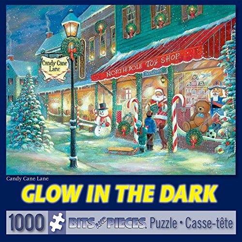 Bits and Pieces - 1000 Piece Glow in The Dark Puzzle for Adults - Candy Cane Lane, Christmas Candy, Holiday - by Artist Ruane Manning - 1000 pc Jigsaw