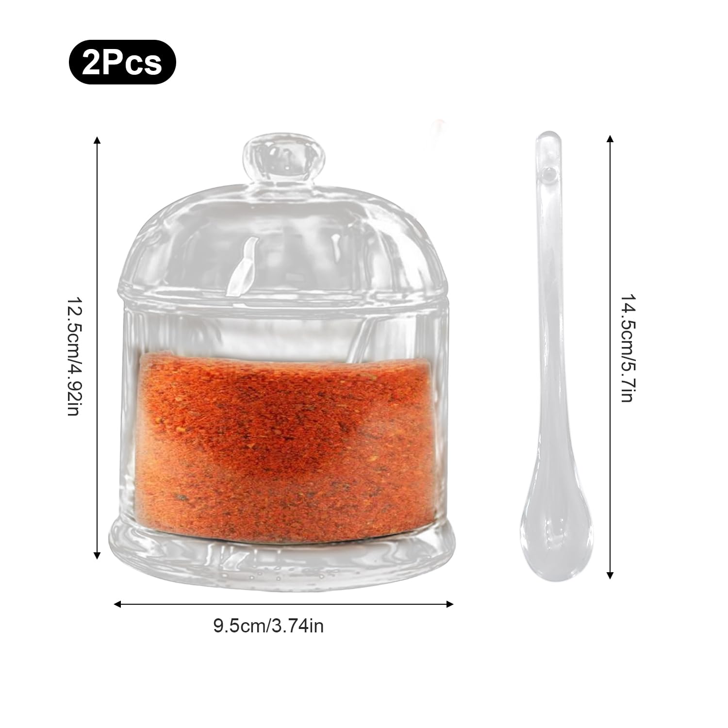Lot de 2 pots à sucre en verre avec couvercle en verre et cuillère, 270 ml, transparents, pour sucre en dés, confiture, sel, épices dans la cuisine