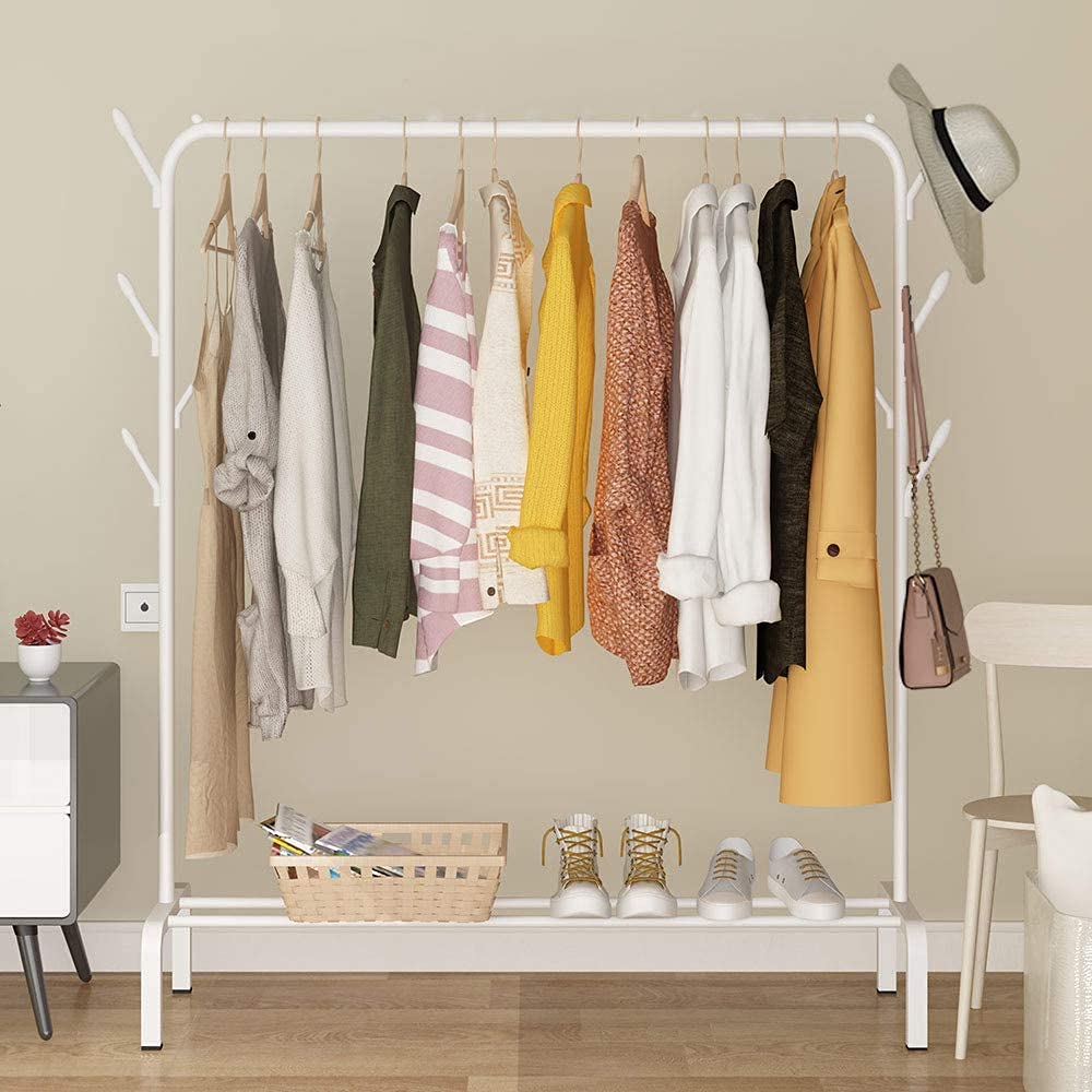Metal Coat Rack with 8 Hooks, Heavy Duty Clothes Rack with Top Rod and Lower Storage Shelf, Garment Rack for Bedroom, Living Room and Entryway - Size (110 x 38 x 148cm) White