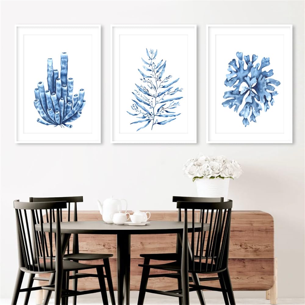 WBYZAC Art Prints-Abstract Blue Coral Seaweed Aquatic Plant Wall Art Canvas Painting Nordic Posters and Prints Wall Pictures for Living Kitchen Room Decor-50 * 60cm*3PCS (No Frame)