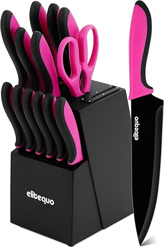 Miniatura 10 de Juego de 14 cuchillos de cocina con afilador incorporado, cuchillos alemanes de acero inoxidable con hojas recubiertas de cerámica, apto para