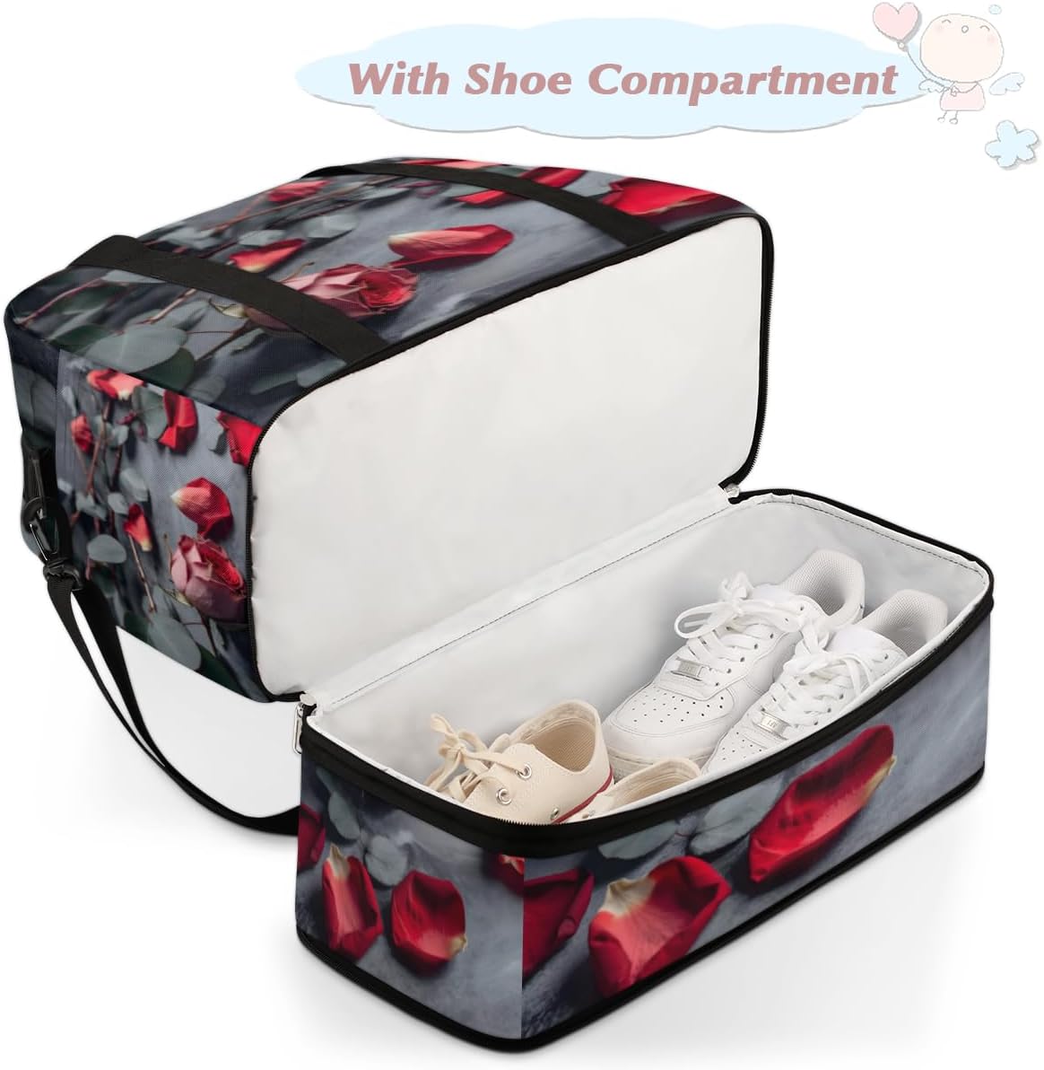 QsirBC Rose Floral Design Gym Bag for Women Duffle Tote with Shoes Compartment Men Weekender Duffel for Dance Travel Sports Swimming Overnight