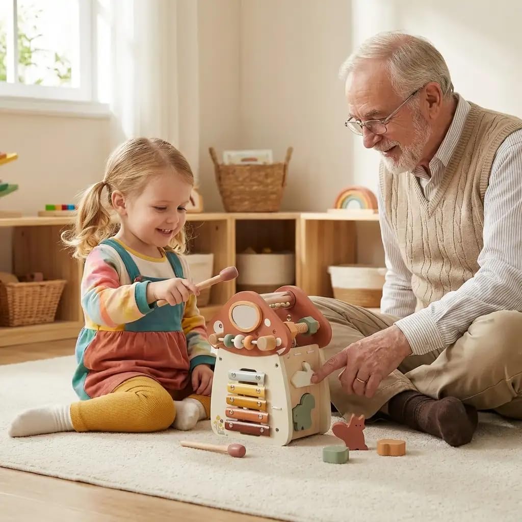 Cube d'Éveil Montessori en Bois 7-en-1 - Jouet d'Éveil Premier Âge avec Xylophone, Boulier et Labyrinthe à Perles - Cadeau Éducatif pour Bébé et Enfant 18 Mois+ - Design Durable et Sécuri