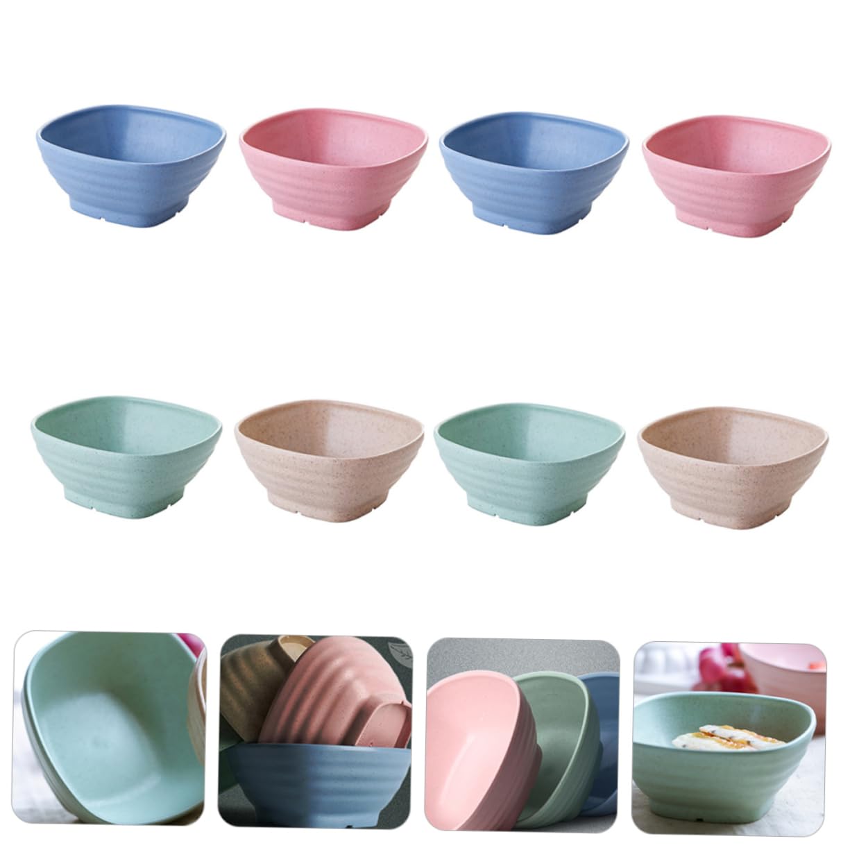 AUTSUPPL 8Pcs Square Wheat Straw Bowls Food Grade Dinnerware for Soup Salad Noodles Lightweight Breaking Easy to Clean for Home Camping and Parties