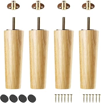 4 Wood Furniture Legs, Table Cabinet Sofa Feet, Solid Wood Replacement Legs for Desk Stand Bench Couch Dresser, Rubber Wood, with 5/16" M8 Bolts and Mounting Plate and Screws Size 8cm