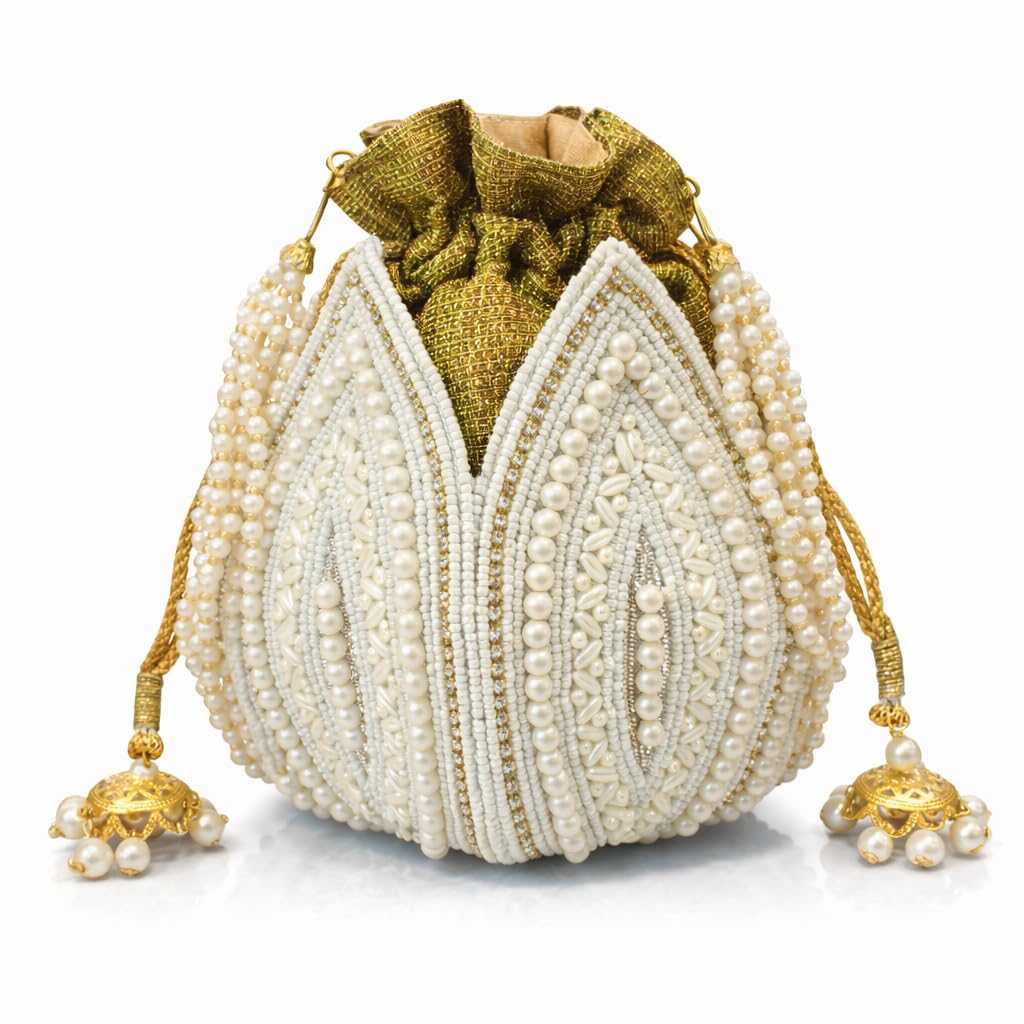 Lotus Pearl Potli Purse for Women, Bridal Ethnic Batua Bag, White Gold Beaded Drawstring Potli Handbag, Indian Potli Purse, Small Fancy Potli for Bride, Saree Lehenga Accessory-picture-47