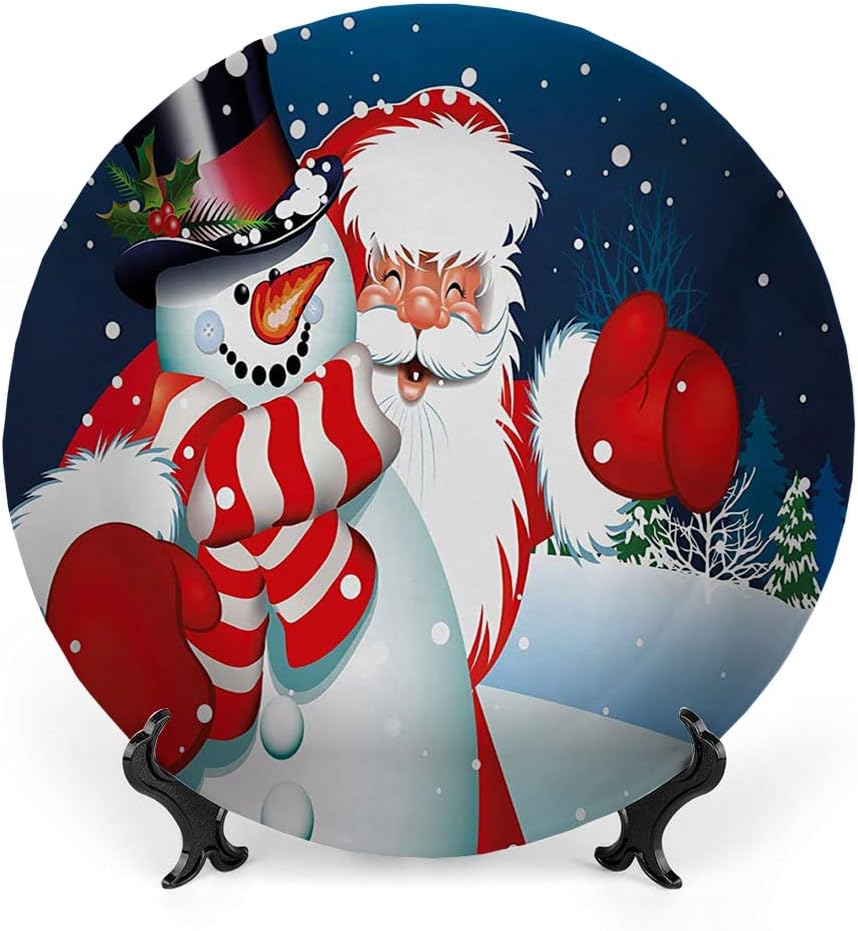 Ceramic Plates, Christmas Decorative Ceramic Plates, Smiling Santa Claus Hugging Snowman in Cartoon, 10 Inch, for Dining, Parties, Wedding, Blue Red White