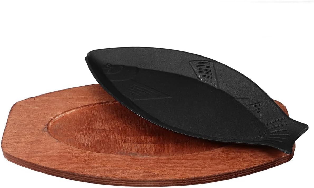 DOITOOL Cast Iron Fish Shaped Frying Pan Non-Stick Grill Pan with Wooden Tray 13.18X6.49X0.98In Portable Steak for Home Kitchen Cooking and Bbq