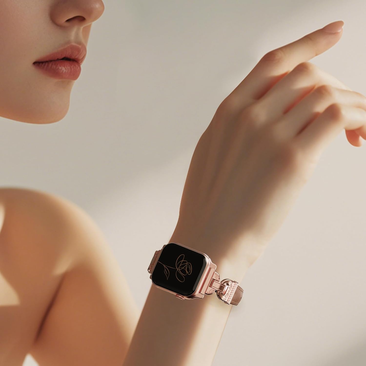 Slim Leather Band Compatible with Apple Watch Bands Women 38/40/41/42mm Dressy Slim Leather Strap with Designer Interlock Buckle Bracelet for iWatch Series 10/9/SE/8/7/6/5/4/3/2/1 Rose Gold - Image 5