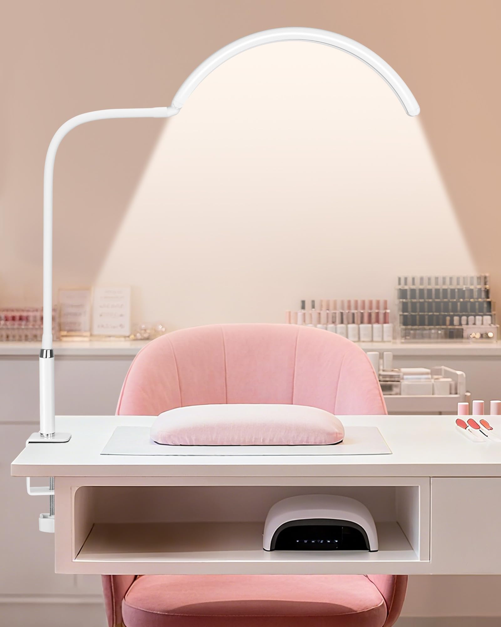 Lampada da scrivania professionale a LED a mezza luna per nail tech e artisti, lampada flessibile a collo di cigno con morsetto, 3 modalità di colore e 5 livelli di luminosità per manicure