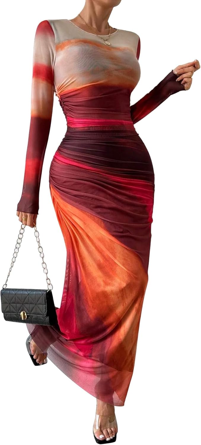 Women's Tie Dye Long Sleeve Maxi Dress Mesh Bodycon Ruched Night Out Formal Cocktail Long Dress for Wedding Guest Party