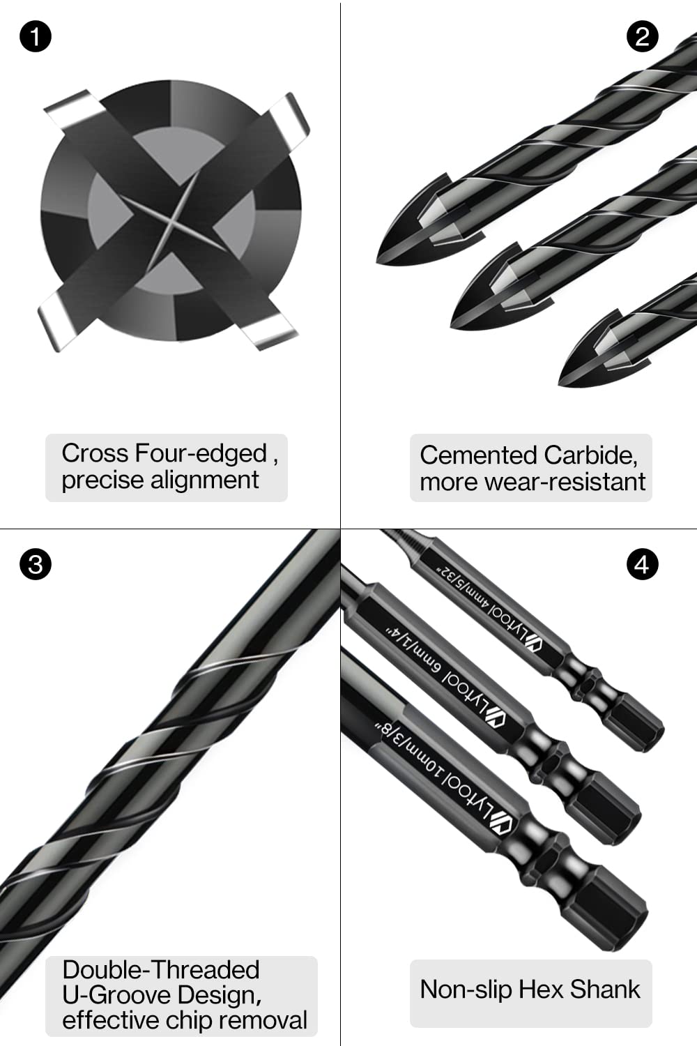 Masonry Drill Bits Kit, Lytool 10Pcs Tile Drill Bits, Brick Drill Bit Set for Tile, Wood, Glass, Plastic, Stone,Ceramic, Concrete, Carbide Tip Hex Shank Drill Bit, Size 1/8" to 1/2"