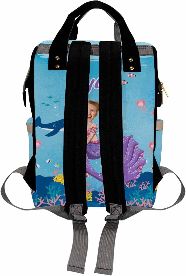 Personalized Diaper Bag for Baby Girls, Custom Mermaid Diaper Bag with Photo Name, Customized Toddler Kids Backpack for School & Travel, Multi-function Baby Bags Handbag Shoulder Bag for Teens Girls
