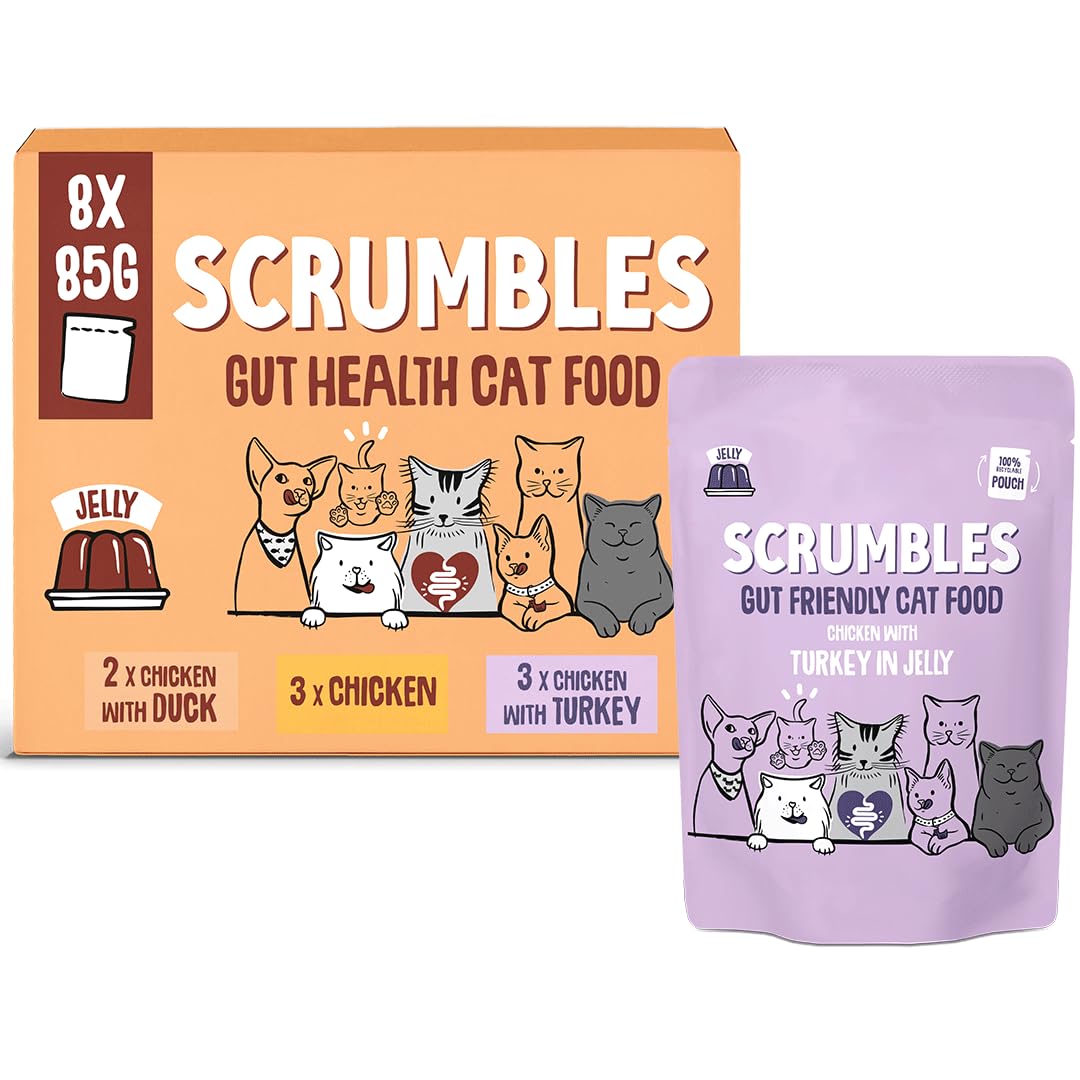 Scrumbles • Wet Cat Pouches • Poultry Jelly • Hypoallergenic • All Lifestages • 2xChicken with Duck • 3x Chicken • 3x Chicken with Turkey • 8 Pouches (85g) • 80%+ Meat • Prebiotics