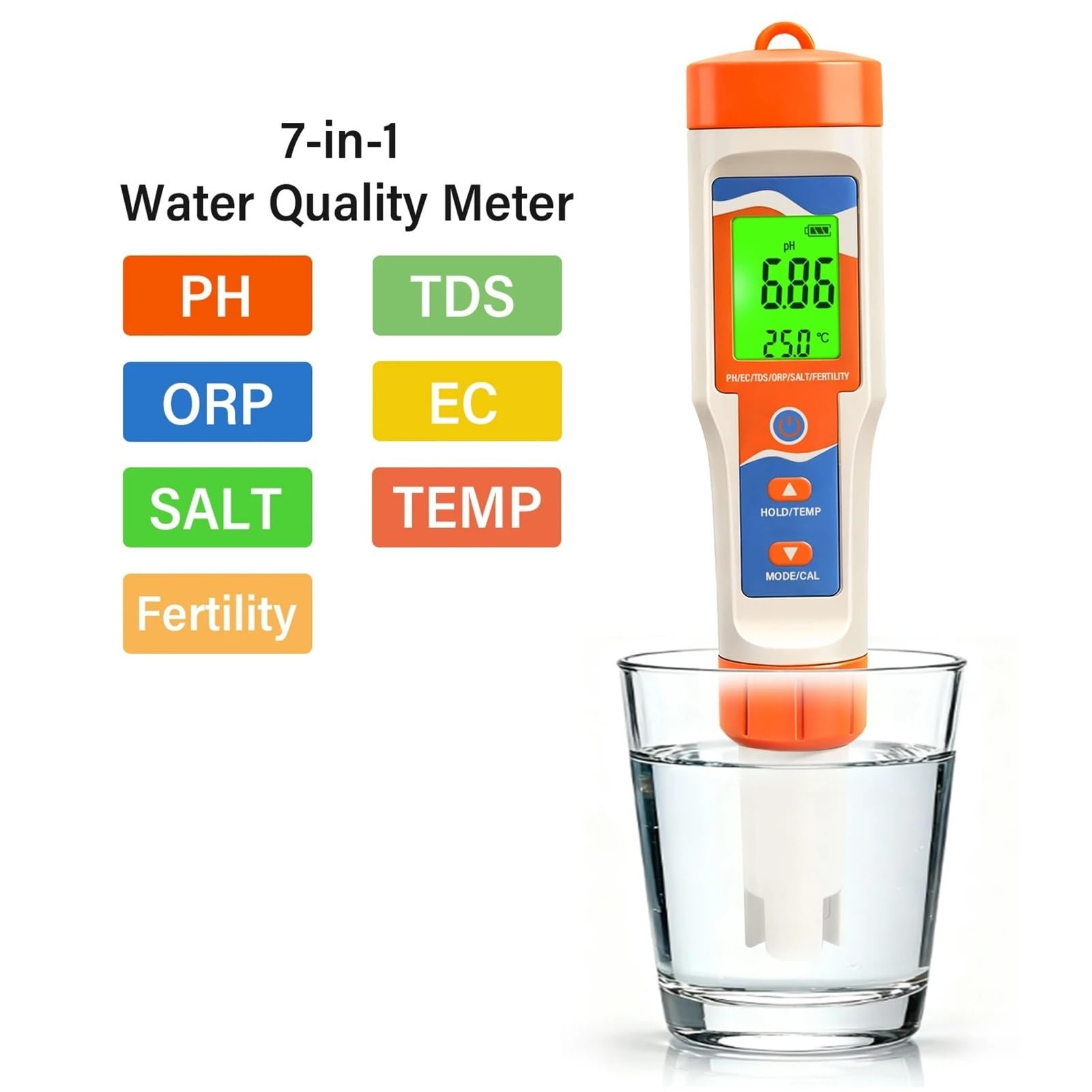 Misuratore digitale 7 in 1 di pH/sale/ORP/EC/TDS/fertilità/temperatura 0,01 Tester pH acqua ad alta precisione for acquario, piscina,Multifunzionale