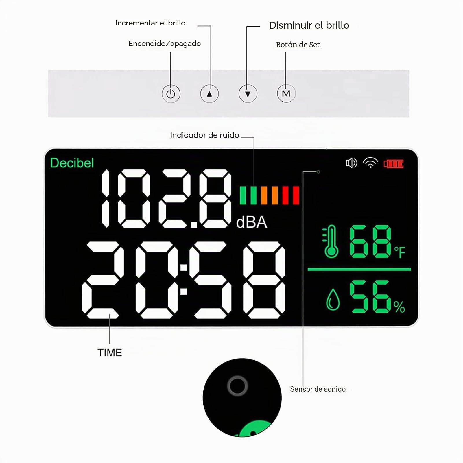 Medidor de Decibelio LED 2.4g Medido de Pared WiFi de 11 Pulgadas Temperatura LED Humedad Tiempo Medidor de Nivel de Sonido para - Detector de Ruido Multifuncional para Uso en el Hogar y la Oficina