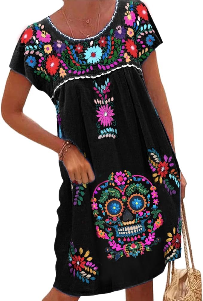 Melliflo Mexican Dress for Women Short Sleeve Floral Embroidered Fiesta Dress Loose Linen Peasant Dresses
