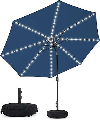 Sundale Outdoor OLEFIN Solar Patio Umbrella with Sand Bag Umbrella Base, LED Outdoor Umbrella with Tilt and Crank