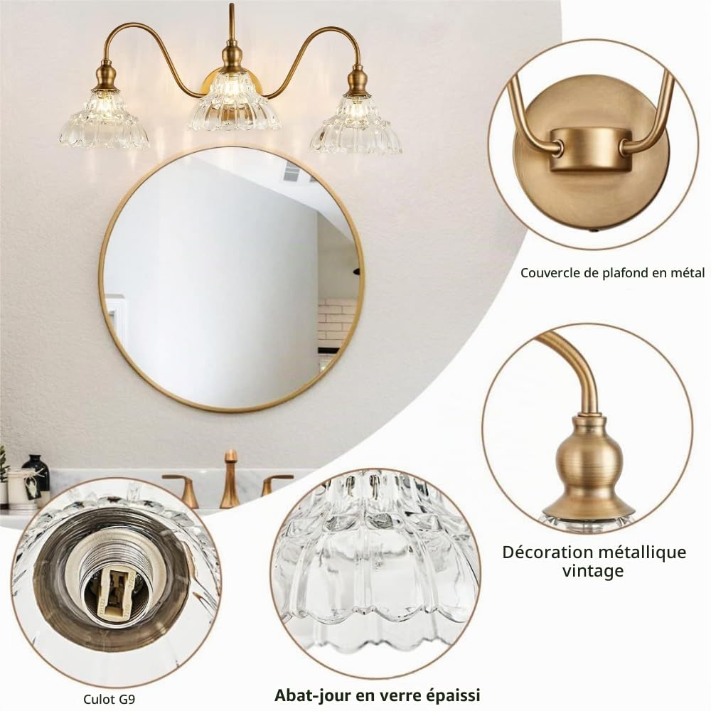 XINYASEE Applique d'intérieur avec abat-jour en verre vintage G9 Applique de salle de bain avec double et triple têtes pour salon chambre à coucher cuisine vanity (noir, or) (Or-3)
