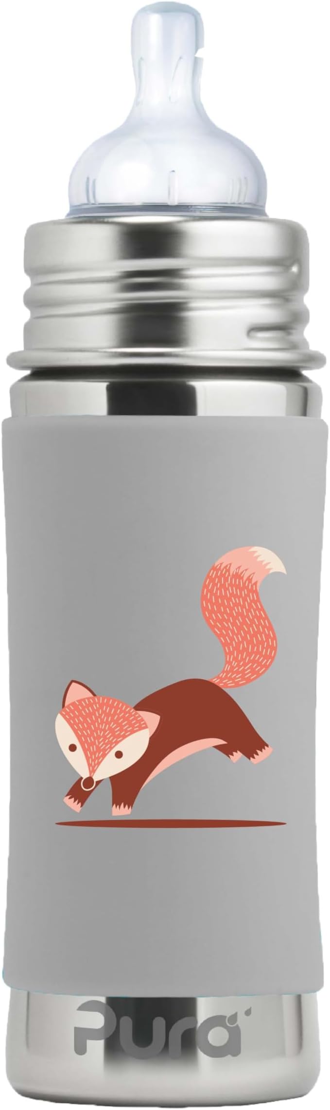 Pura Kiki 9oz/275ml Stainless Steel Infant Bottle w/Sleeve, Anti-Colic, 100% Plastic-Free, MadeSafe Certified, Medical-Grade Silicone, Medium-Flow Nipple, for Babies 3 Months & Up - (Fox)