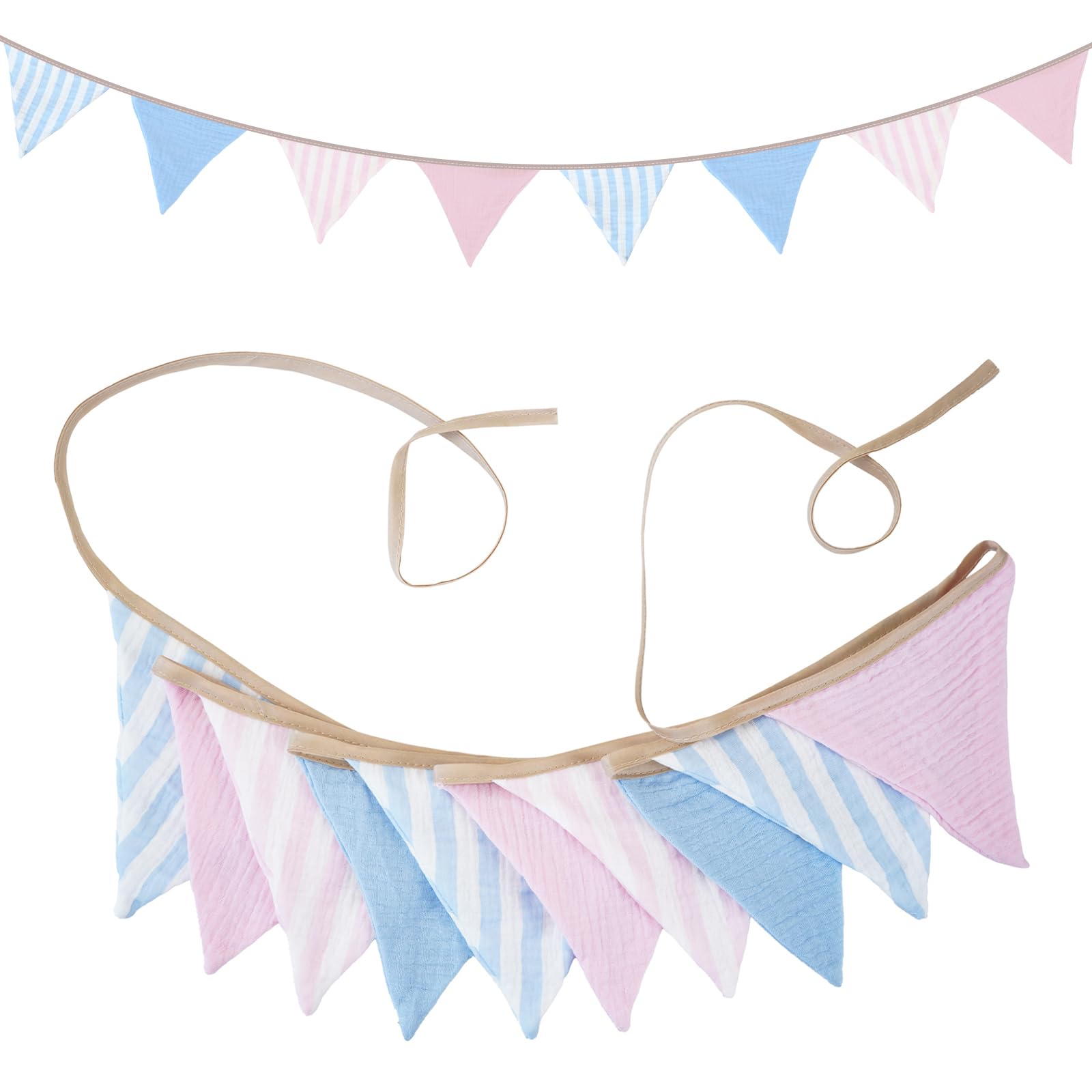 G2PLUS Muslin Fabric Bunting for Nursery: 10PCS Double Side Cloth Triangle Banner, Pink and Blue Cotton Bunting Banner for Baby Room, Nursery, Baby Shower Decor, 2.6m — image 1