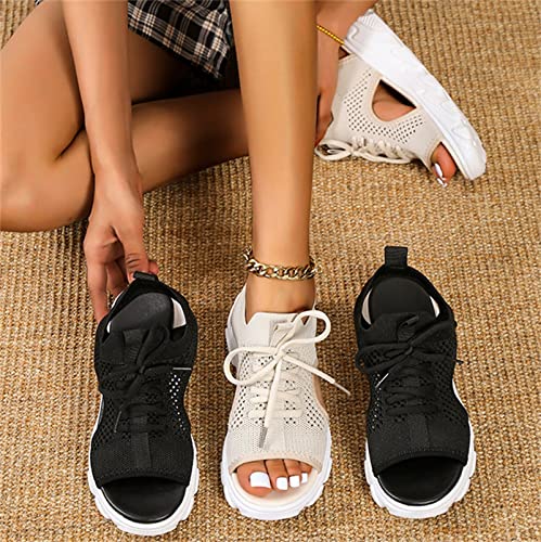 DOIX Women's Summer Wedges Sport Sandals Washable Slingback Knit Mesh Platform Fish Mouth Sandals Casual Soft Sole Lace-Up Sneaker Ankle Elastic Slip on Walking Shoes4