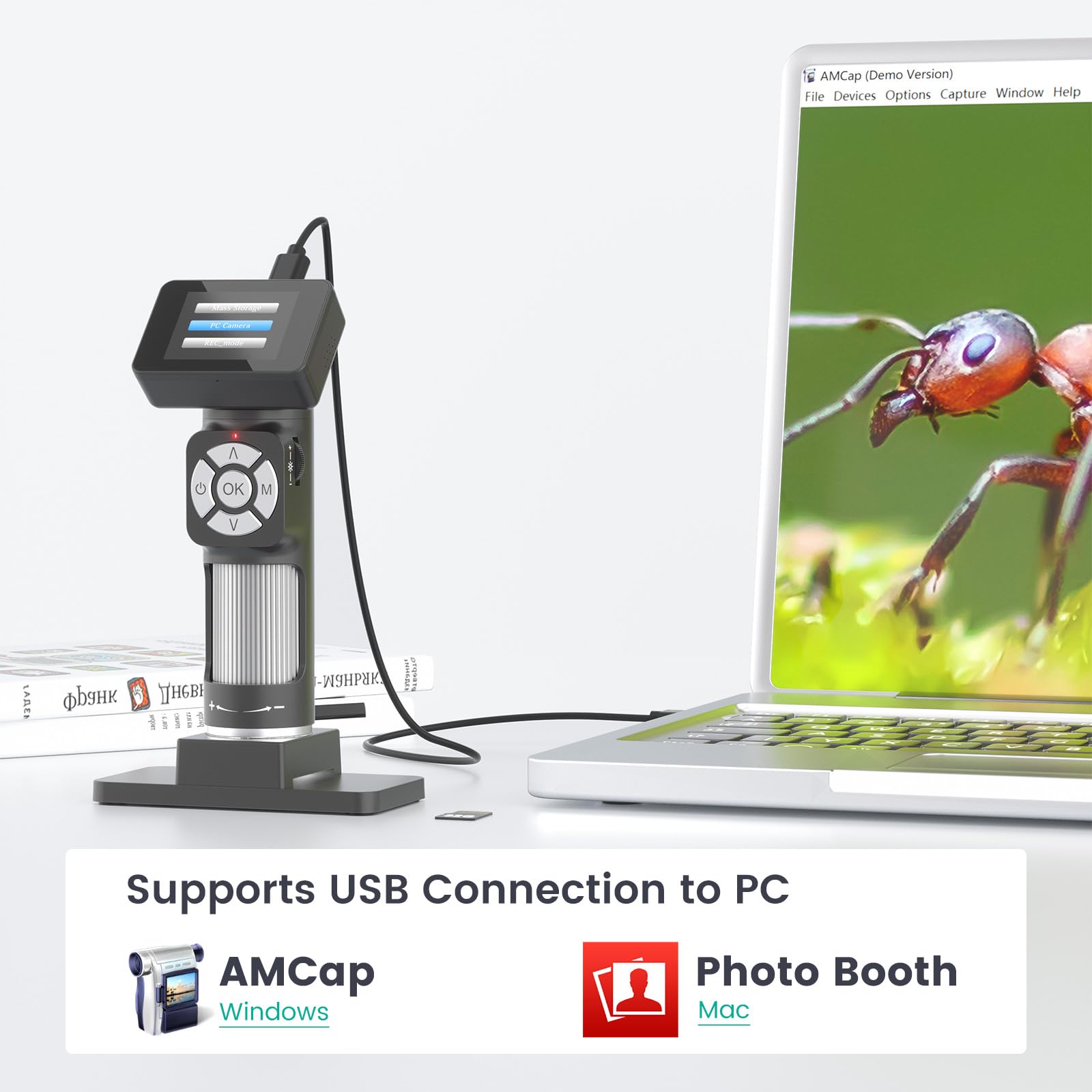 Microscopio Digital portátil AD112 con Pantalla LCD IPS de 2 Pulgadas - Microscopio de Bolsillo portátil con Aumento de 20X a 500X con grabación de Video de 1080p, 8 Luces LED