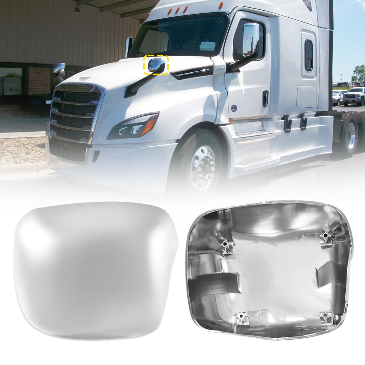 Photo 1 of Chrome Hood Mirror Cover for Freightliner Cascadia 2018 2019 2020 2021 2022 2023 2024, Left Hood Mirror Covers for Freightliner Cascadia