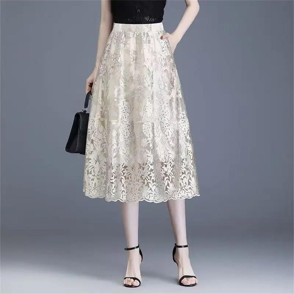 Jupe en gaze brodée taille haute A-Line en dentelle pour femme
