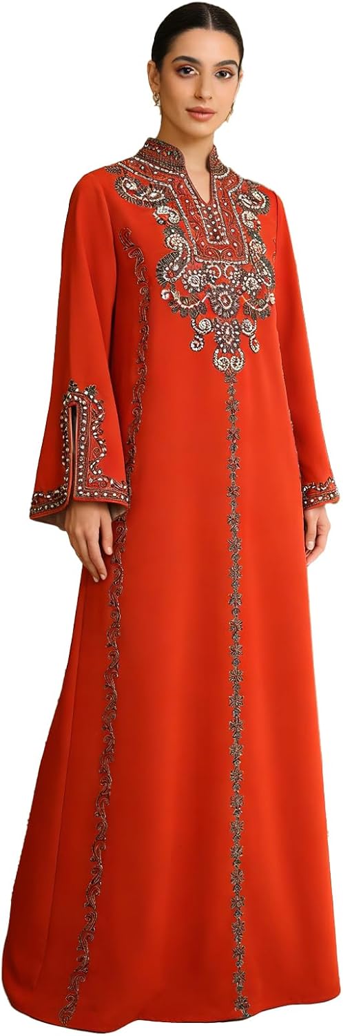 Kaftan Dresses for Women V-Neck Embroidery Long Sleeve Muslim Dress Casual and Fashion