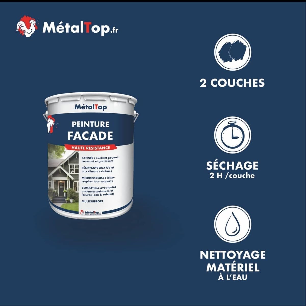 Metaltop - Peinture Facade - Blanc pur - RAL 9010-1 L - Microporeuse, idéale pour murs extérieurs en rénovation ou neuf